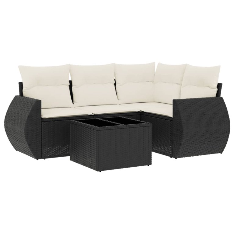 Set mobilier de grădină cu perne, 5 piese, negru, poliratan