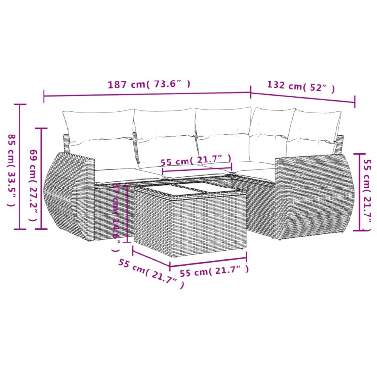 Set mobilier de grădină cu perne, 5 piese, negru, poliratan