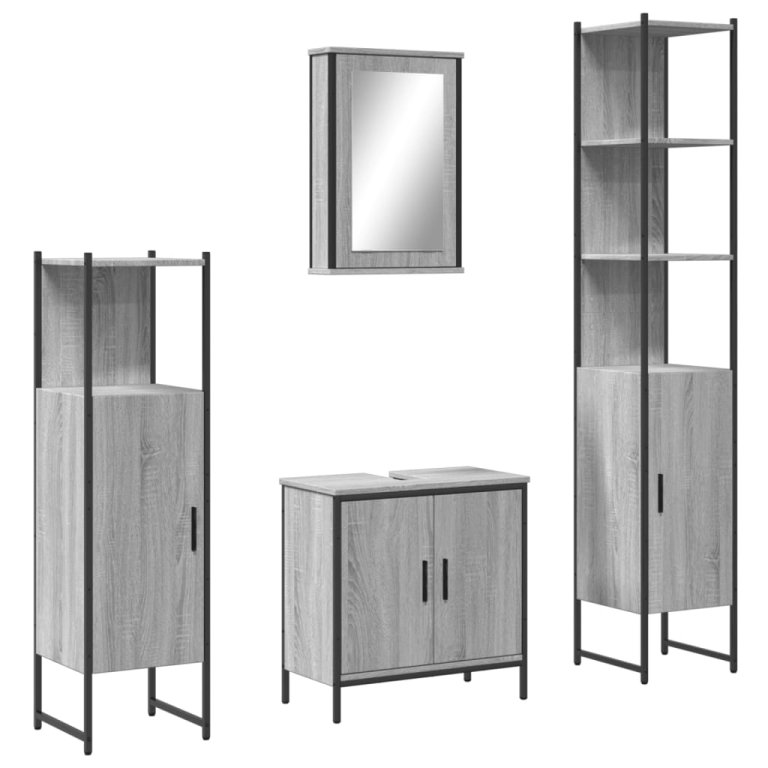 Set mobilier de baie, 4 piese, gri sonoma, lemn prelucrat