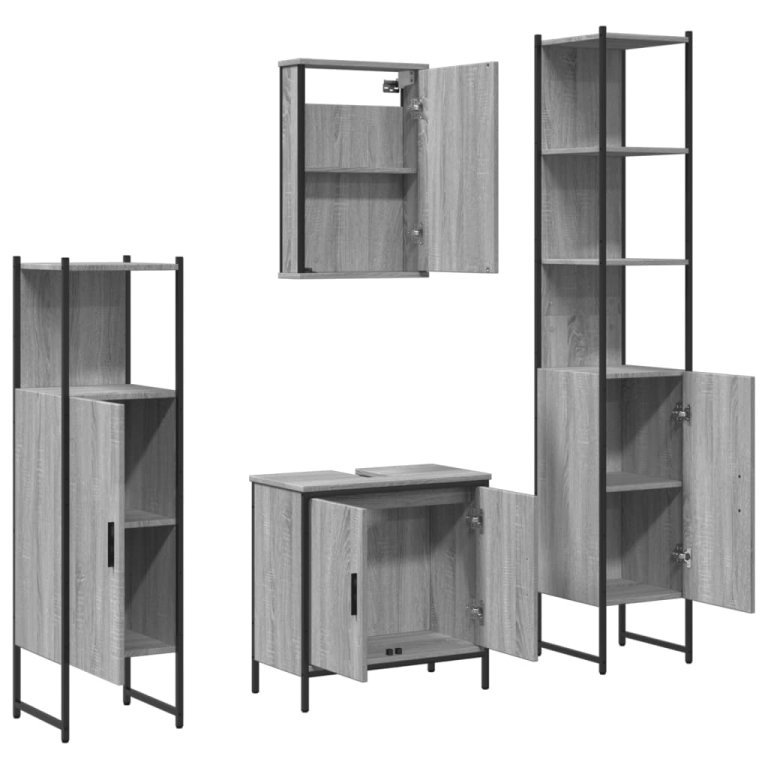 Set mobilier de baie, 4 piese, gri sonoma, lemn prelucrat