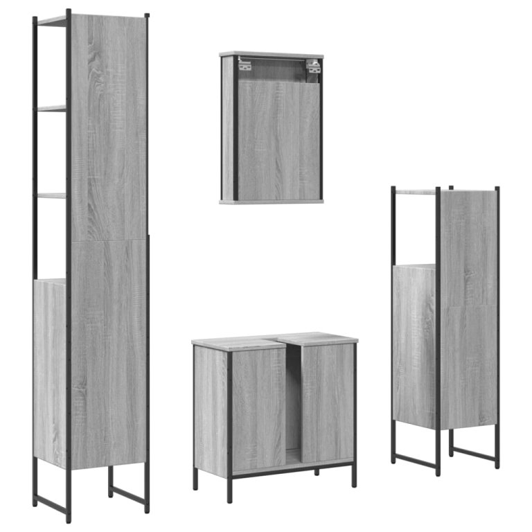 Set mobilier de baie, 4 piese, gri sonoma, lemn prelucrat