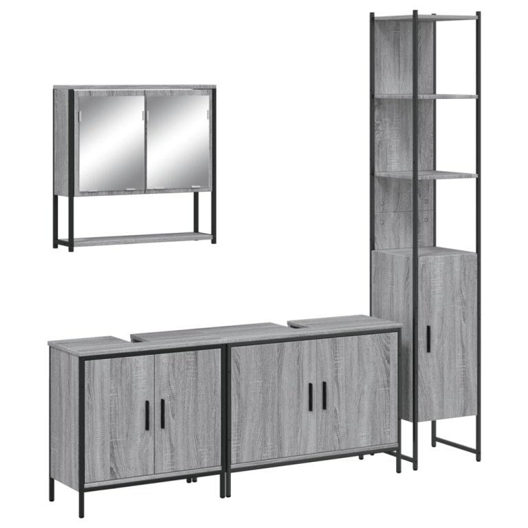 Set mobilier de baie, 4 piese, gri sonoma, lemn prelucrat