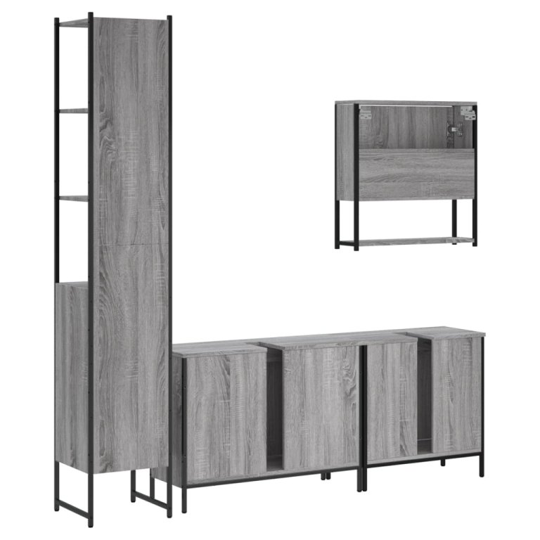 Set mobilier de baie, 4 piese, gri sonoma, lemn prelucrat