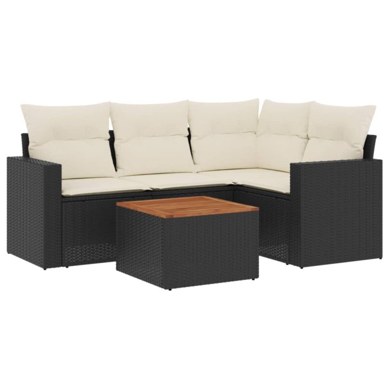 Set mobilier de grădină cu perne, 5 piese, negru, poliratan