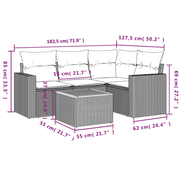 Set mobilier de grădină cu perne, 5 piese, negru, poliratan