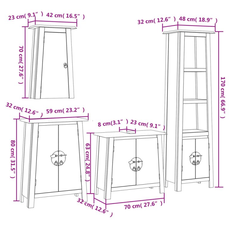 Set mobilier de baie, 4 piese, lemn masiv de pin