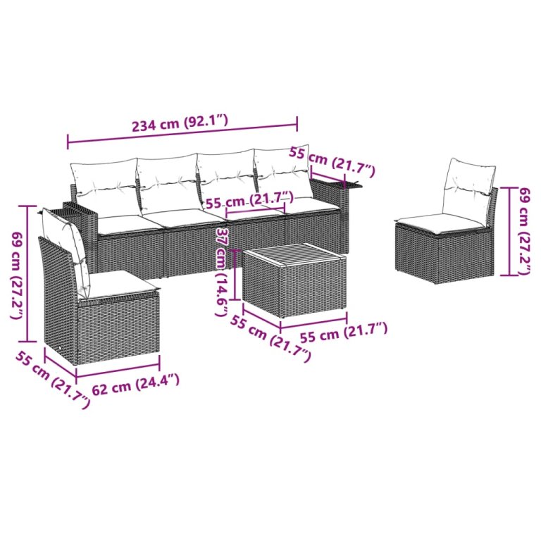 Set canapele de grădină cu perne, 7 piese, negru, poliratan