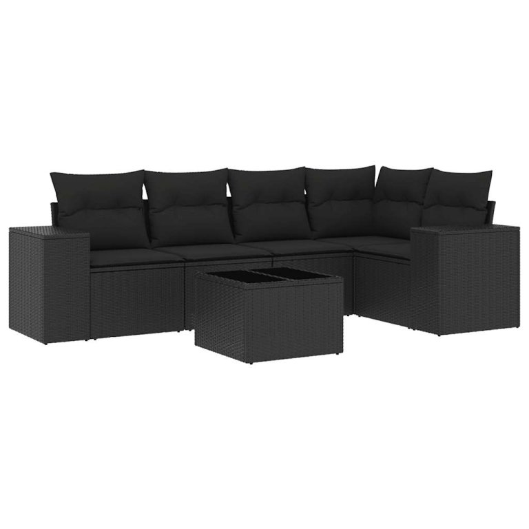 Set mobilier de grădină cu perne, 6 piese, negru, poliratan