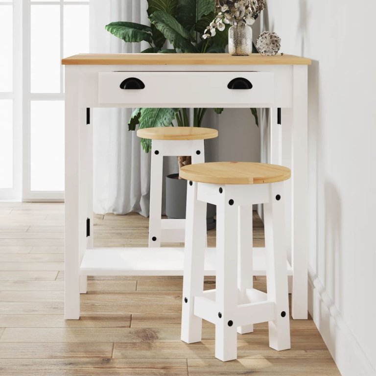 Set mobilier de bar, 3 piese, alb, lemn masiv de pin