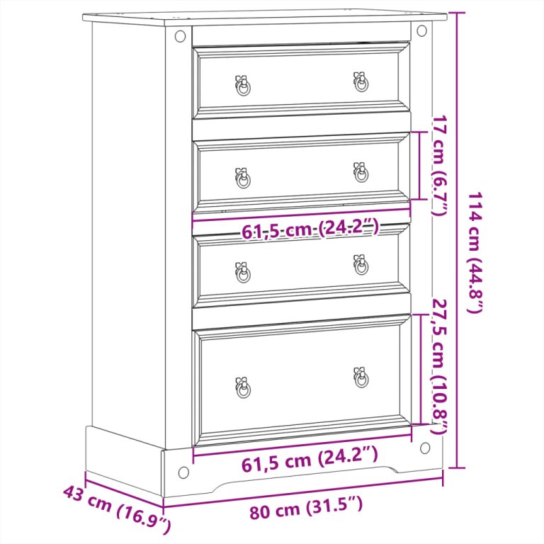 Dulap cu sertare „Corona”, 80x43x114 cm, lemn masiv de pin