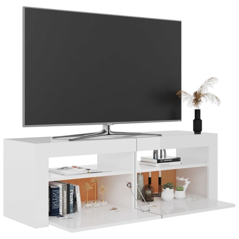 Comodă TV cu lumini LED, alb extralucios, 120x35x40 cm