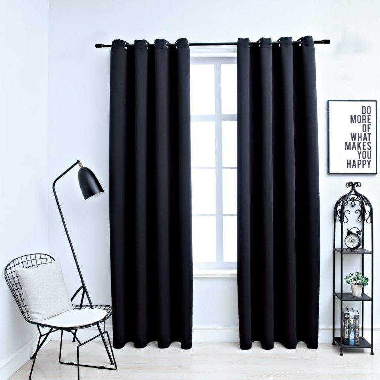 Draperii opace cu inele metalice, 2 buc., negru, 140 x 245 cm