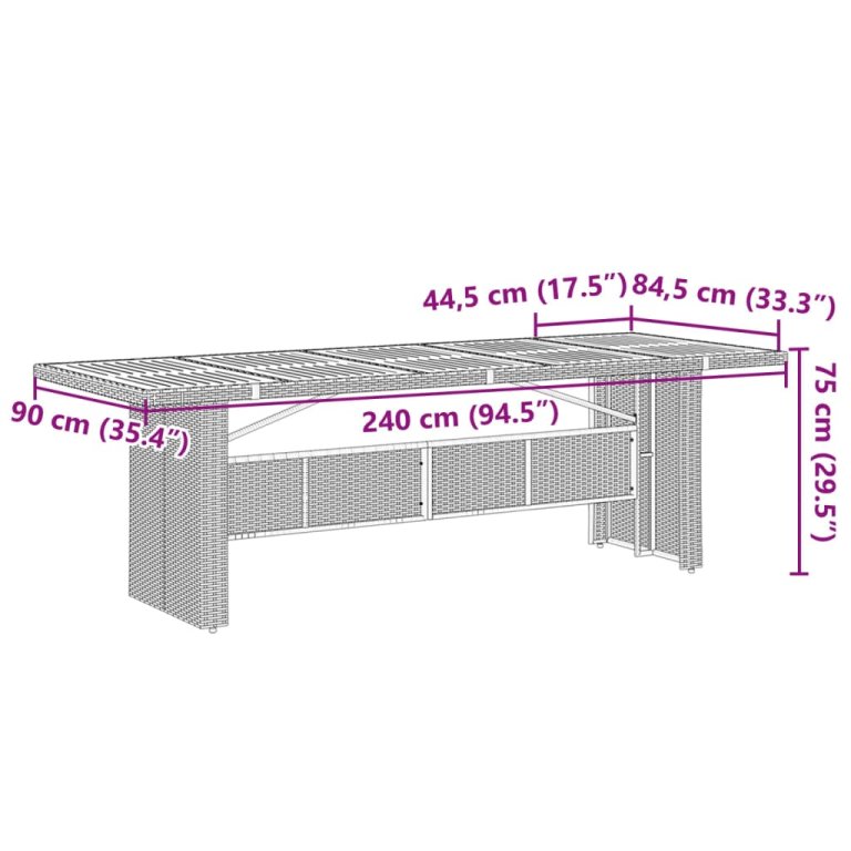 Masă grădină, blat din lemn acacia, gri, 240x90x75 cm poliratan