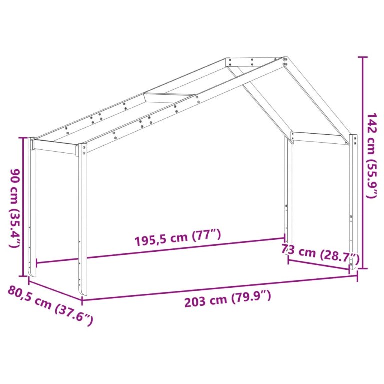 Acoperiș pat de copii, alb, 203x80,5x142 cm, lemn masiv de pin