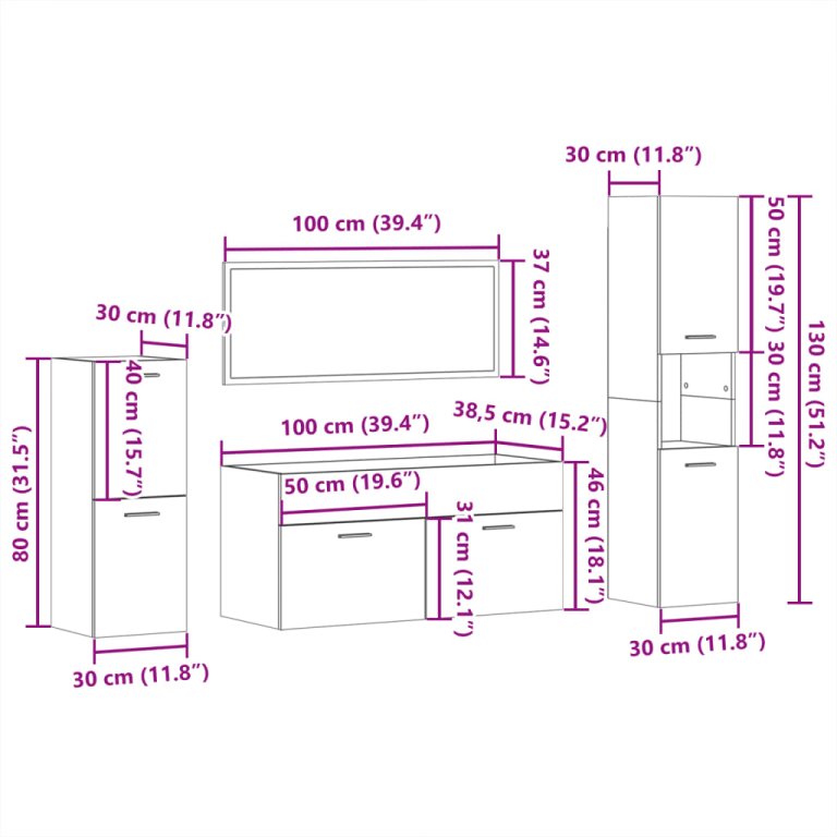 Set mobilier de baie, 4 piese, gri beton, lemn compozit