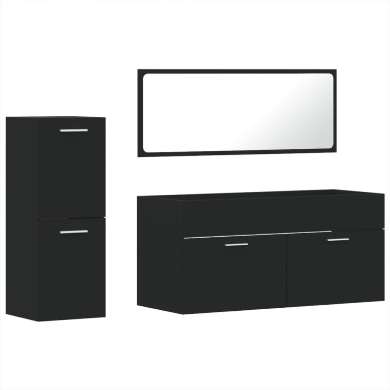 Set mobilier de baie, 3 piese, negru, lemn compozit