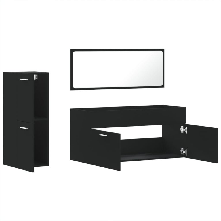 Set mobilier de baie, 3 piese, negru, lemn compozit