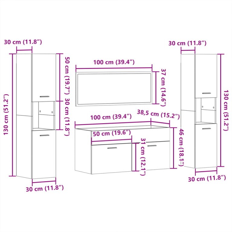 Set mobilier de baie, 4 piese, gri beton, lemn compozit