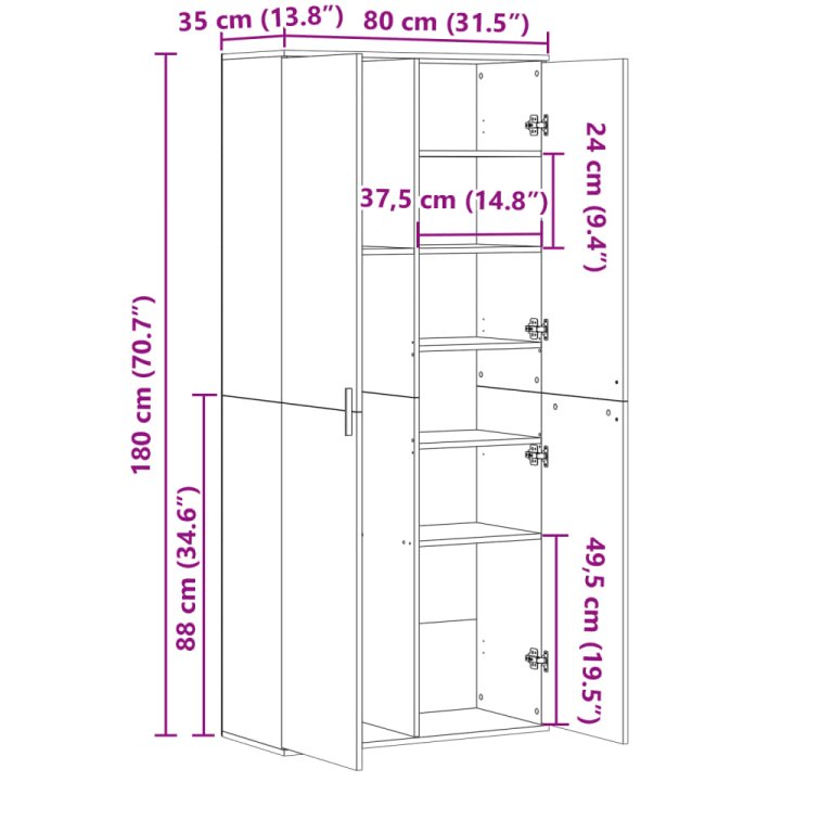 Dulap înalt, gri beton, 80x35x180 cm, lemn prelucrat