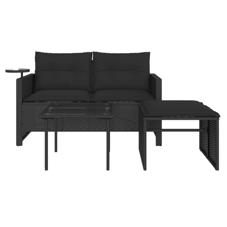 Set mobilier de grădină cu perne, 3 piese, negru, poliratan