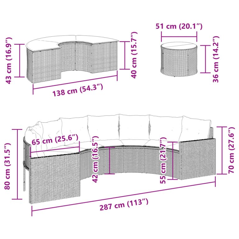 Set canapea de grădină, 3 piese, semi-rotunde, bej, poliratan