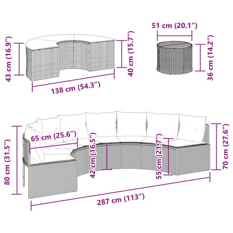 Set canapea de grădină, 3 piese, semi-rotunde, negru, poliratan