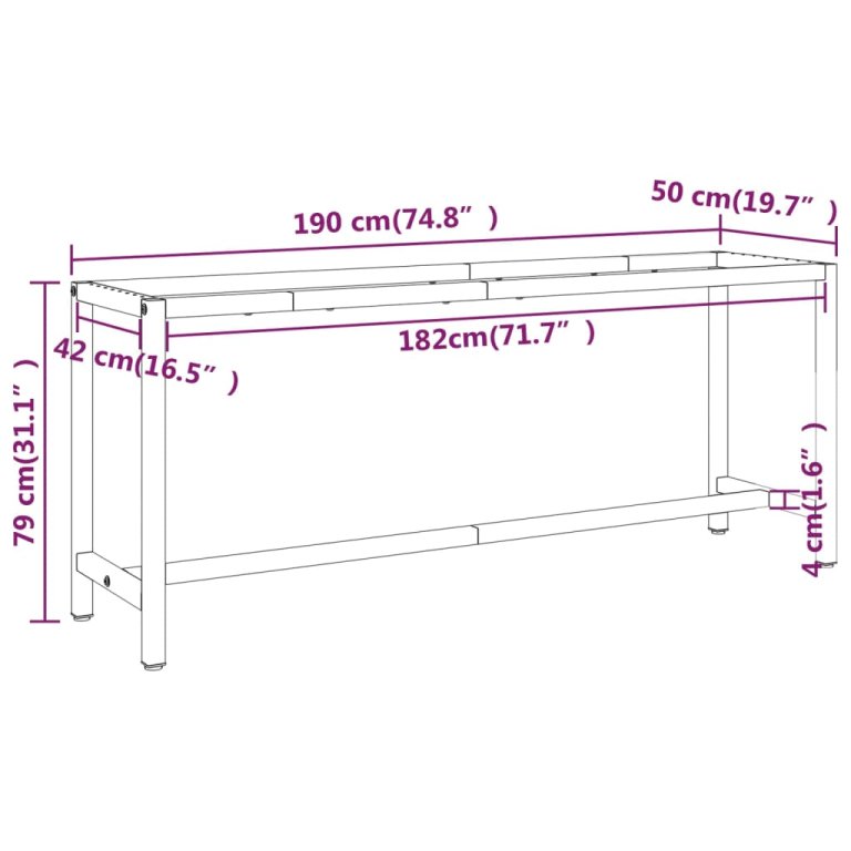 Cadru banc de lucru, negru mat/roșu mat, 190x50x79 cm, metal