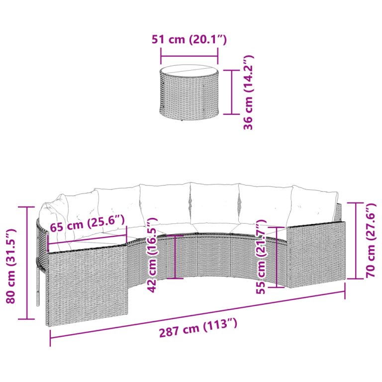 Canapea de grădină cu masă/perne, semi-rotundă, gri, poliratan