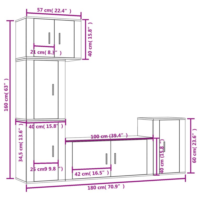 Set dulap TV, 5 piese, gri beton, lemn prelucrat