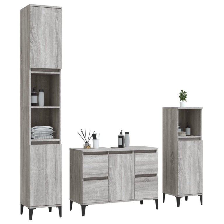 Set mobilier de baie, 3 piese, gri sonoma, lemn prelucrat