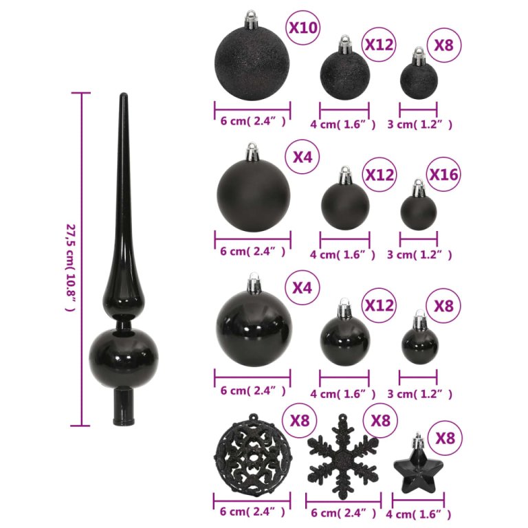 Set globuri de Crăciun 111 buc., negru, polistiren