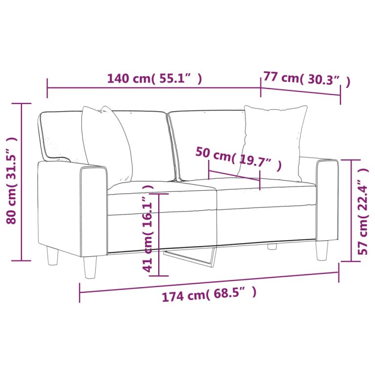 Canapea cu 2 locuri cu pernuțe, gri, 140 cm, piele ecologică