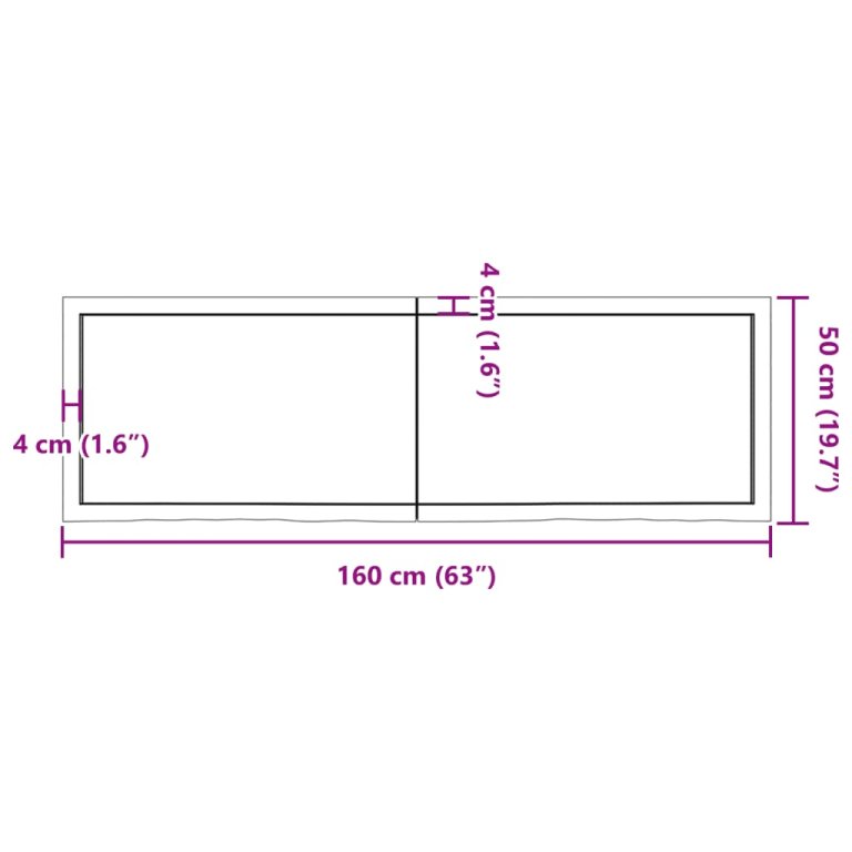 Blat de baie, 160x50x(2-6) cm, lemn masiv netratat