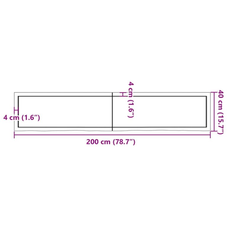 Blat de baie, 200x40x(2-6) cm, lemn masiv netratat