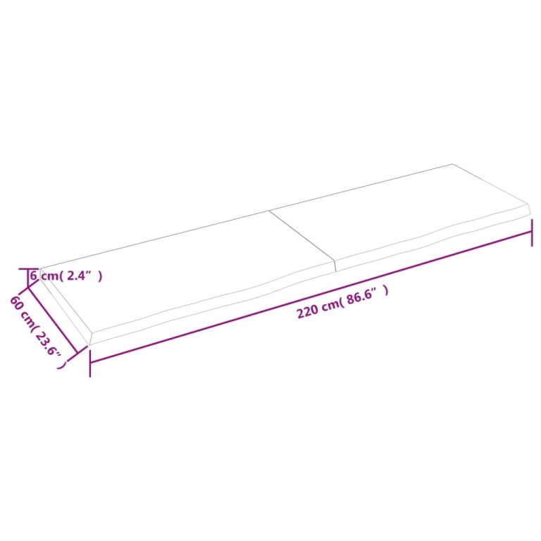 Blat de baie, 220x60x(2-6) cm, lemn masiv netratat