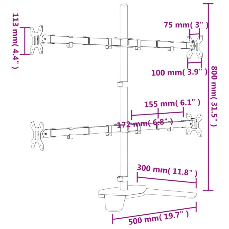 Suport de perete pentru monitor VESA 75/100 mm, negru, oțel