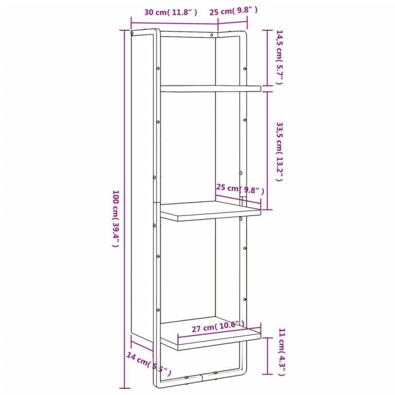 Raft cu 3 niveluri, gri sonoma, 30x25x100 cm, lemn prelucrat