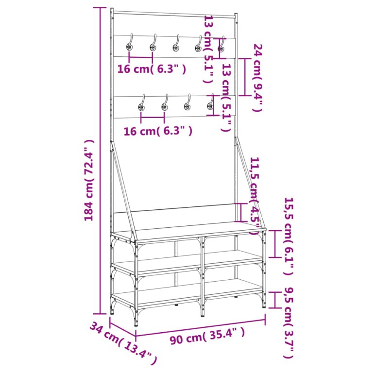 Suport de haine cu raft pantofi, stejar sonoma, 90x34x184 cm