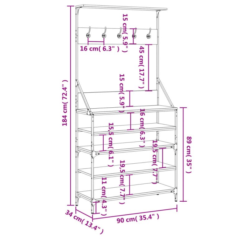 Suport de haine cu raft pantofi, stejar sonoma, 90x34x184 cm