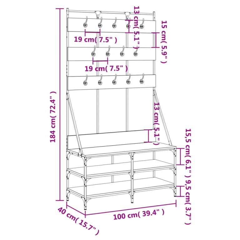 Suport de haine cu raft de pantofi stejar fumuriu, 100x40x184cm