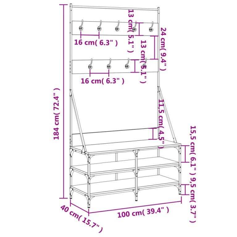 Suport de haine cu raft pantofi, sonoma gri, 100x40x184 cm