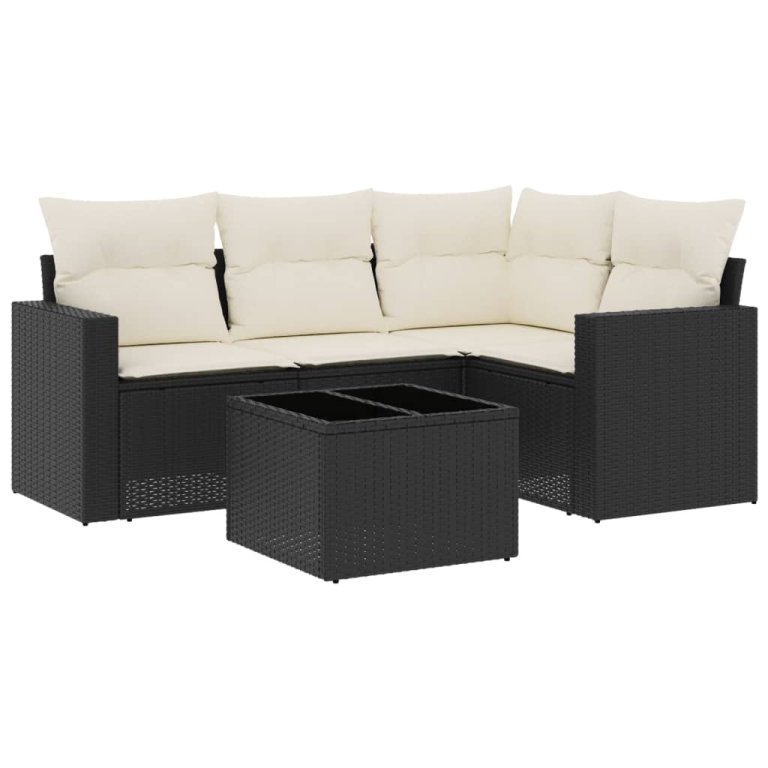 Set mobilier de grădină cu perne, 5 piese, negru, poliratan