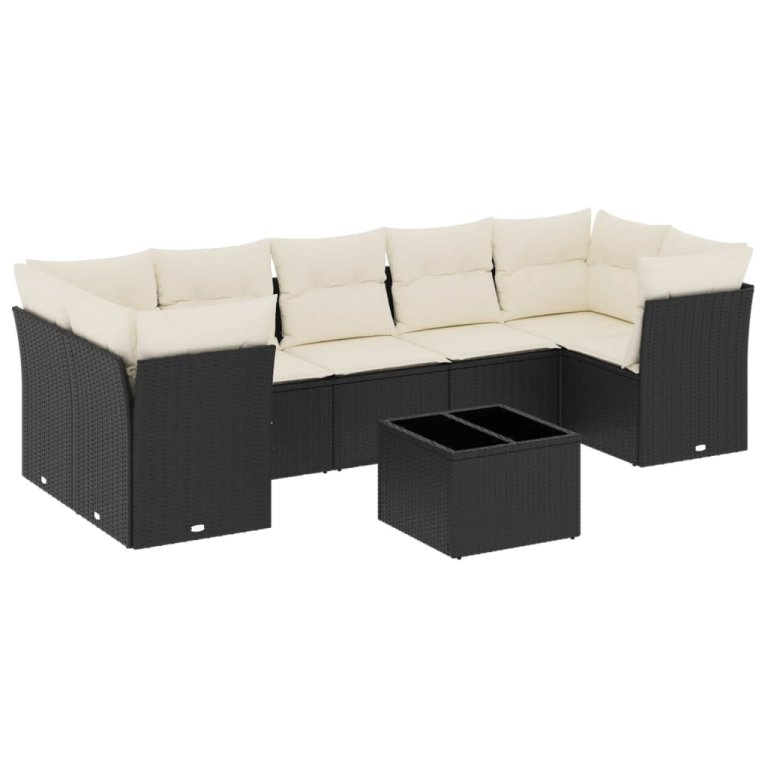 Set mobilier de grădină cu perne, 8 piese, negru, poliratan