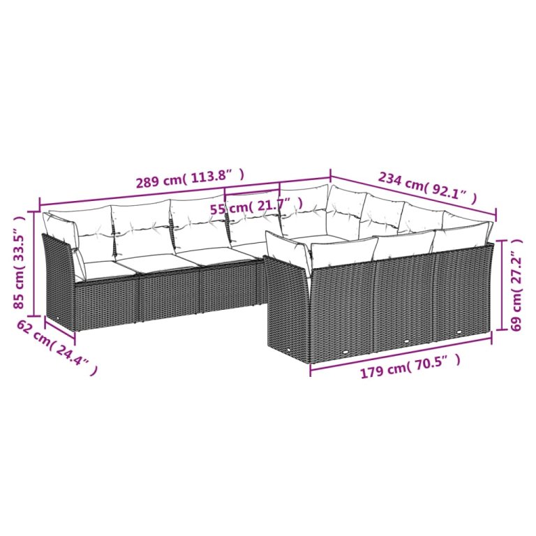 Set canapele de grădină cu perne, 10 piese, negru, poliratan