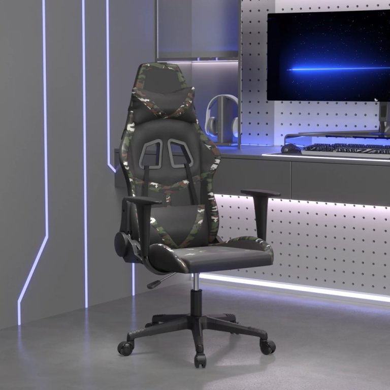 Scaun de gaming de masaj, negru și camuflaj, piele ecologică