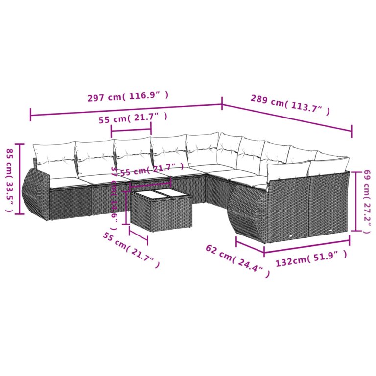 Set canapele de grădină cu perne, 11 piese, negru, poliratan