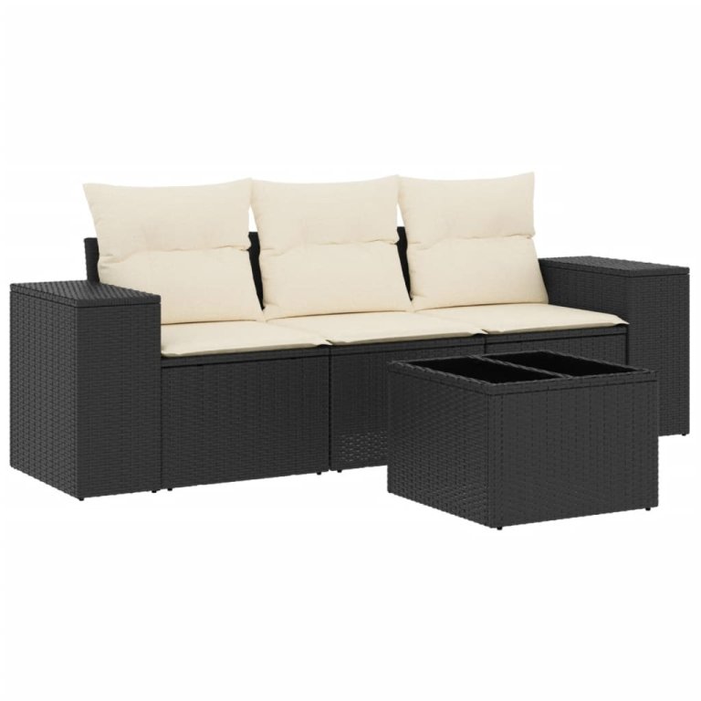 Set mobilier de grădină cu perne, 4 piese, negru, poliratan