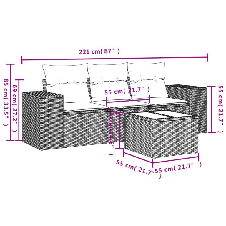 Set mobilier de grădină cu perne, 4 piese, negru, poliratan