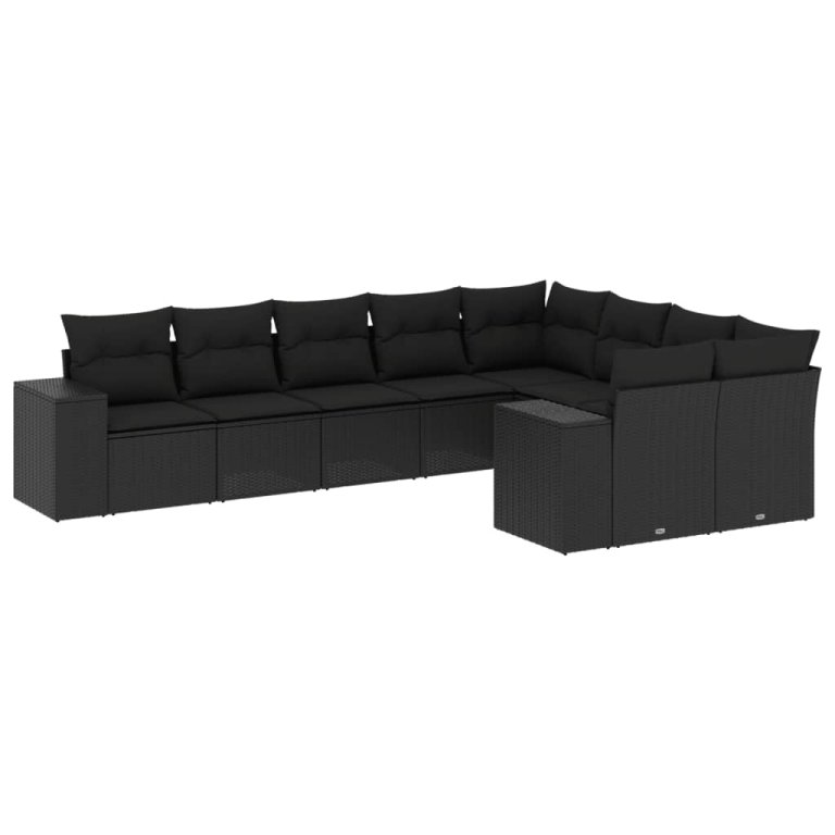 Set mobilier de grădină cu perne, 9 piese, negru, poliratan