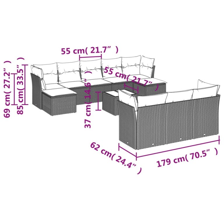 Set canapele de grădină cu perne, 11 piese, negru, poliratan